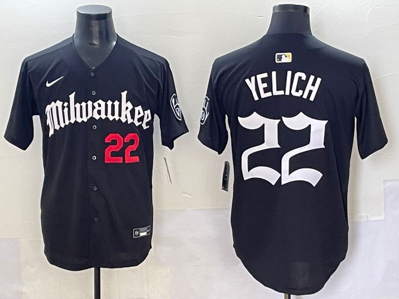 Men 2025 Milwaukee Brewers #22 Yelich Black Five generations Joint Name Nike MLB Jersey style 7